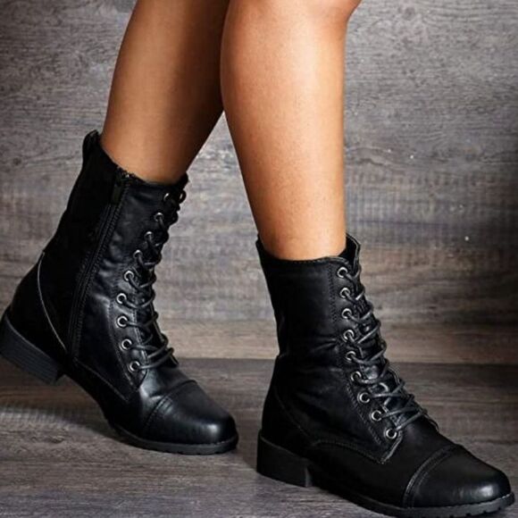 ROUGE HELIUM WOMEN' ROUND TOE MILITARY LACE UP KNIT ANKLE CUFF  HEEL COMBAT BOOT - Picture 1 of 14